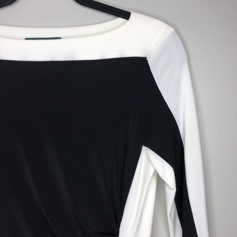 Lauren Ralph Lauren Women's 6 Black White 3/4 Sleeve Ruched‎ Lined Sheath Dress